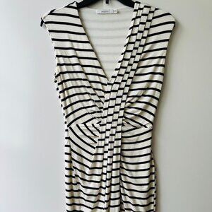 Bailey 44 Pleated Draped front Knit dress Ivory w/black Stripes Sz XS